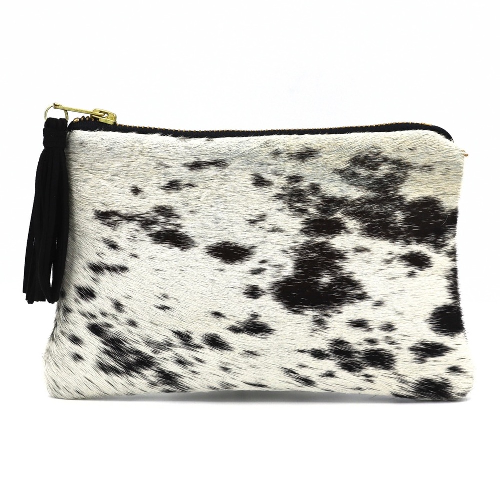 Parker & Hyde‎ Cowhide Clutch Pouch White Black Tassel Leather Haircalf